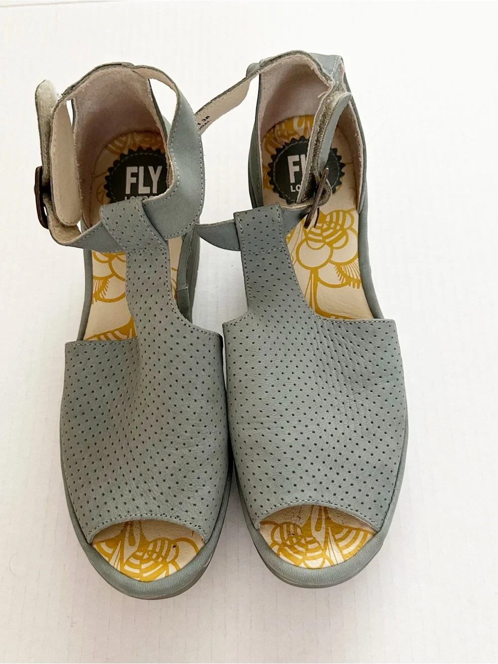 Fly London Yall Cupido Perforated Peep Toe Cut Out Wedge Heel 38 Pale Blue NEW